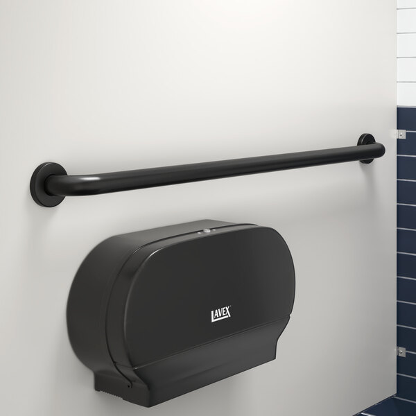 A Lavex 42" restroom grab bar with a matte black finish on a white wall.