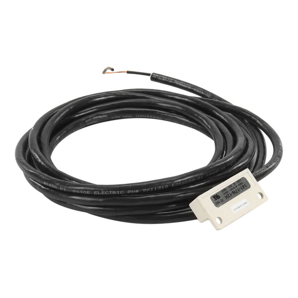 A black cable with a white tag.