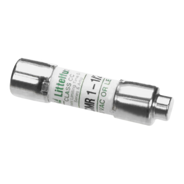 A white and silver fuse with a green label.