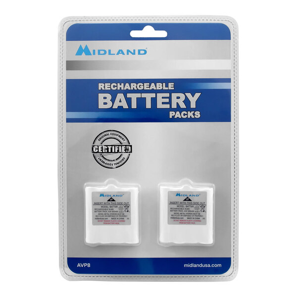 A package of two Midland rechargeable batteries.