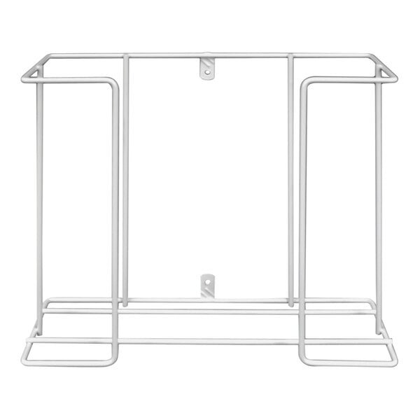 A white metal wall mount with two steel wire bars.