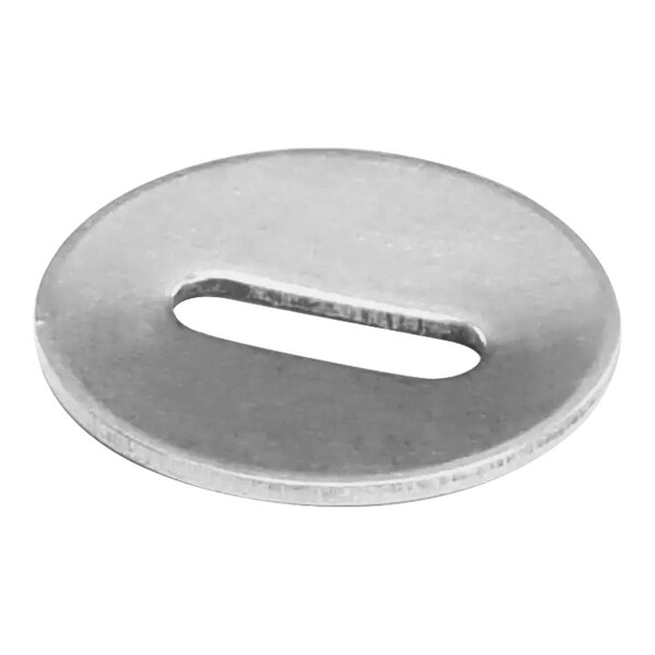 A close-up of a large, round, silver washer with a hole in the middle.