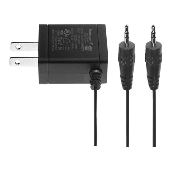 A close-up of a black power adapter with a black cord.