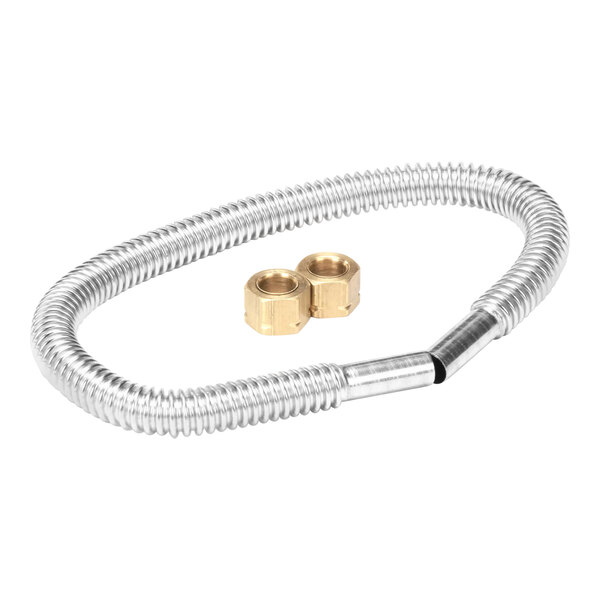 A metal hose with two brass nuts on the ends.