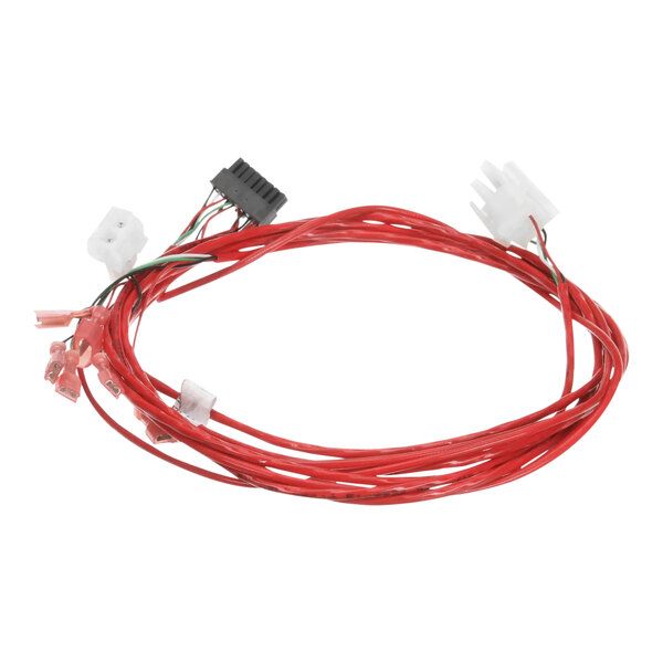 A red wire harness with two white connectors.