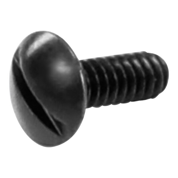 A close-up of a black Bunn 6-32X.38 oval head screw.
