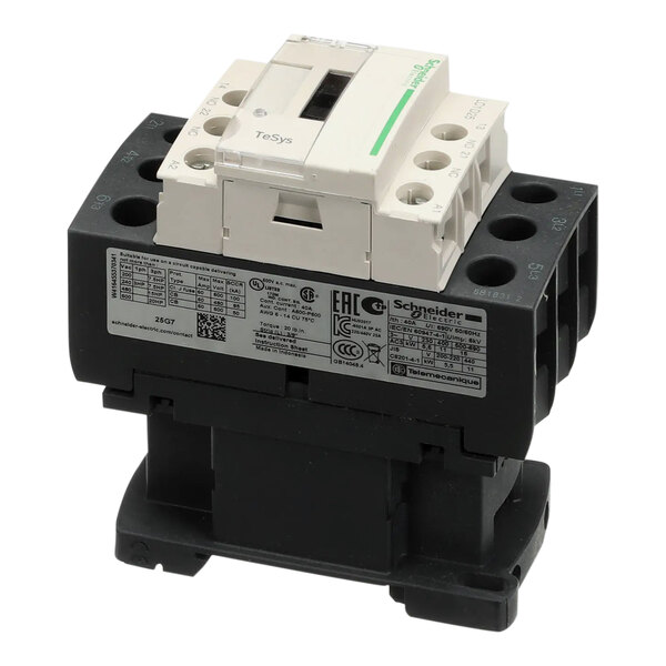 A white electrical contactor with black terminals and a black cover.