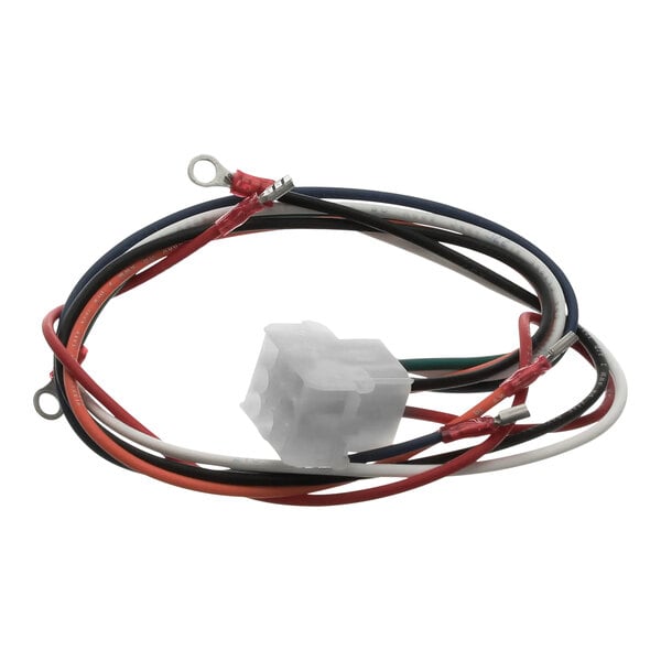 A white plastic wiring harness with black and red wires.