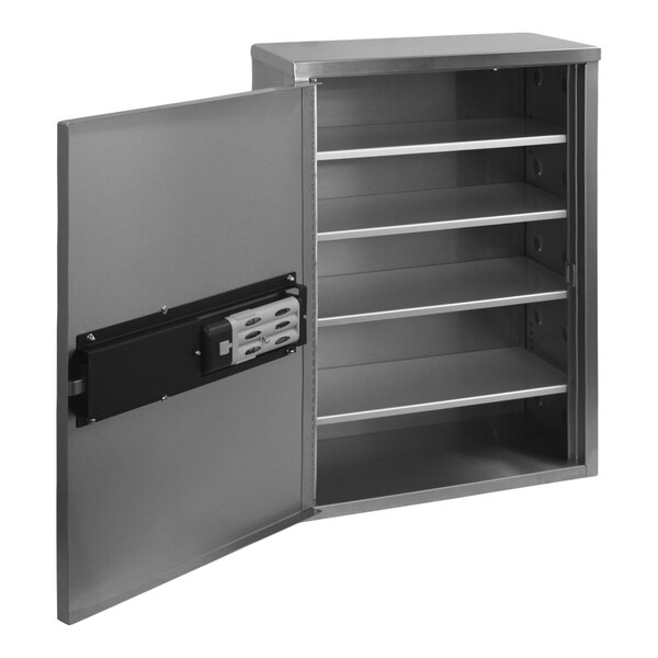 A stainless steel Omnimed wall-mount cabinet with shelves and a keypad lock.