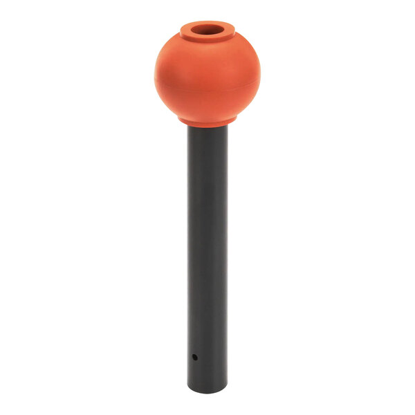 A round black and orange ball with a metal base.