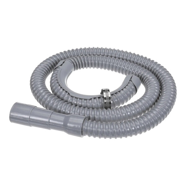 A grey plastic hose with a metal clip.