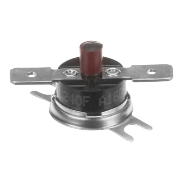 A close-up of a CMA Dishmachines UC 65E Hi Limit Thermostat, a small metal thermostat with a red button.
