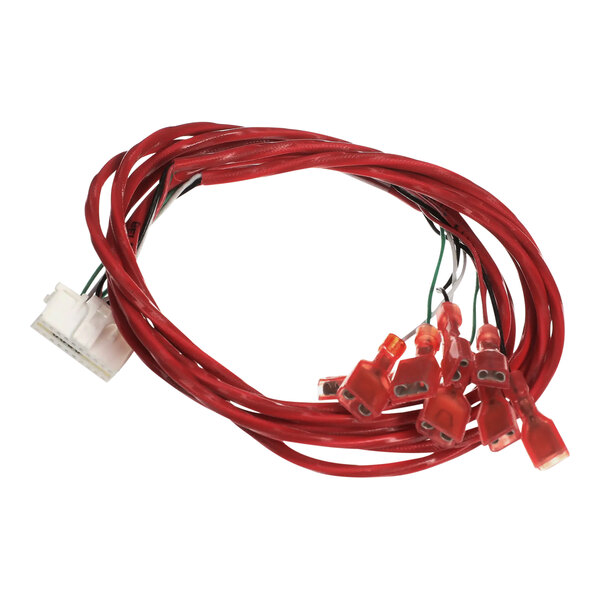 A red Frymaster wire harness with two connectors.