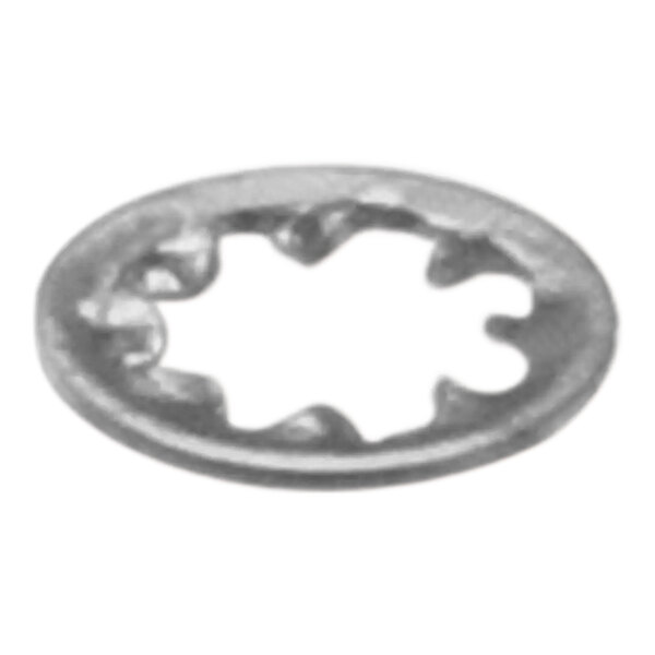 A close up of a silver Bunn lock washer with a hole in the middle.