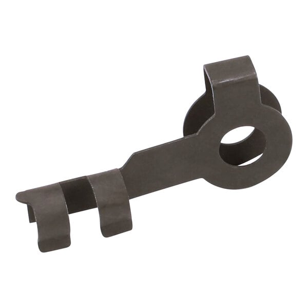 A black metal Frymaster Clevis Rod Rt.End Clip with holes.