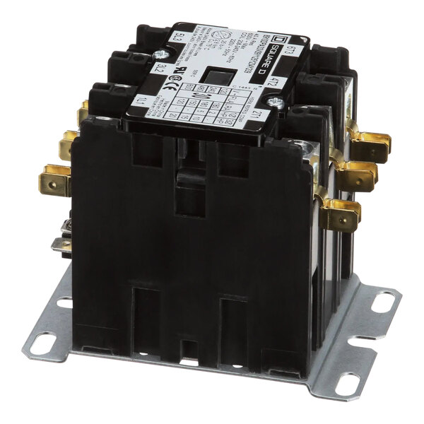 A close up of a small black CMA contactor with two wires.