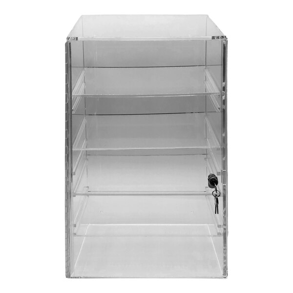 An Omnimed transparent acrylic cabinet with four shelves and a key.
