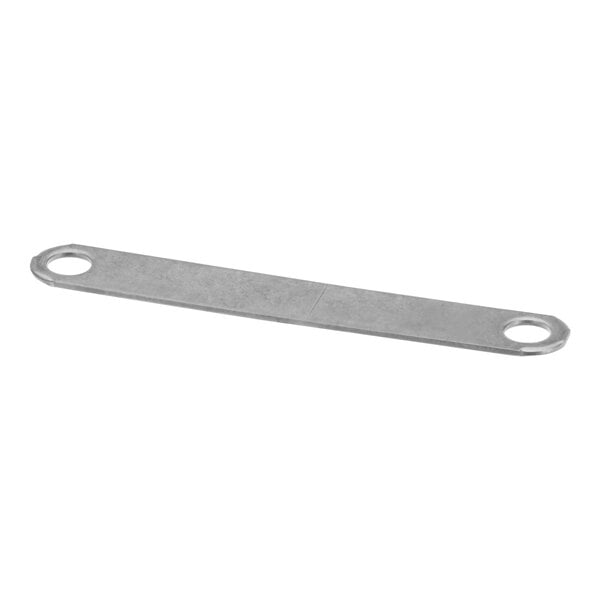 A stainless steel metal bar with two holes.