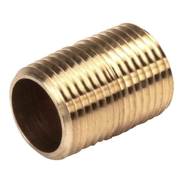 A close-up of a brass threaded pipe fitting.