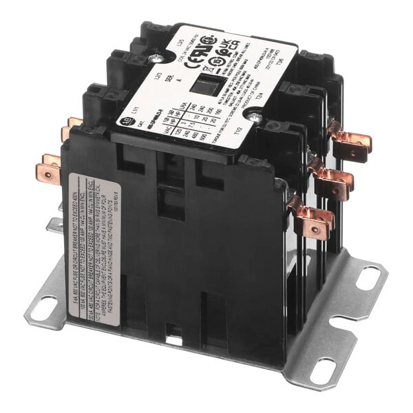 A close up of a small black Accutemp contactor.