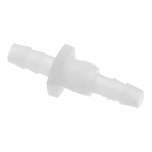 A white plastic Bunn .250 barb bulkhead fitting.