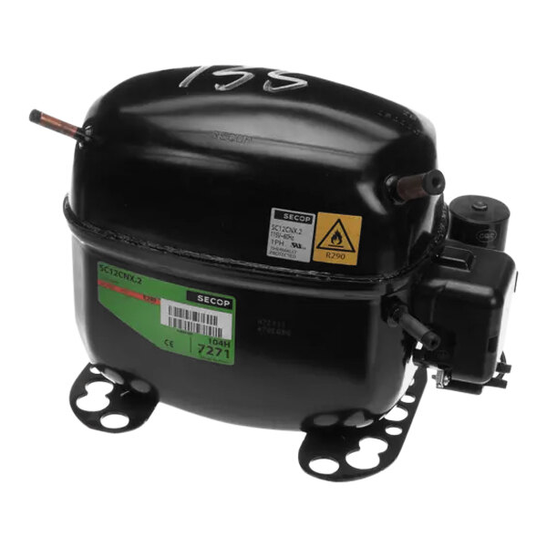 A black Beverage-Air compressor with a green label.