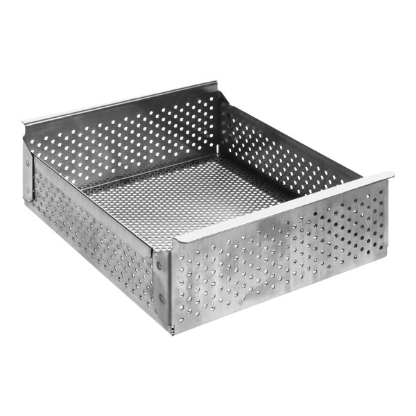 A stainless steel tray with holes for a Frymaster fryer.