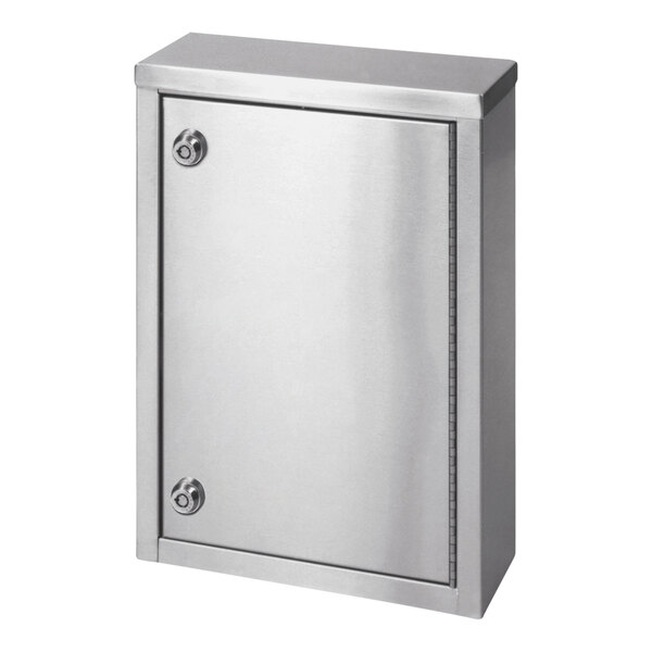 An Omnimed stainless steel wall-mounted narcotics cabinet with 2 key locks.