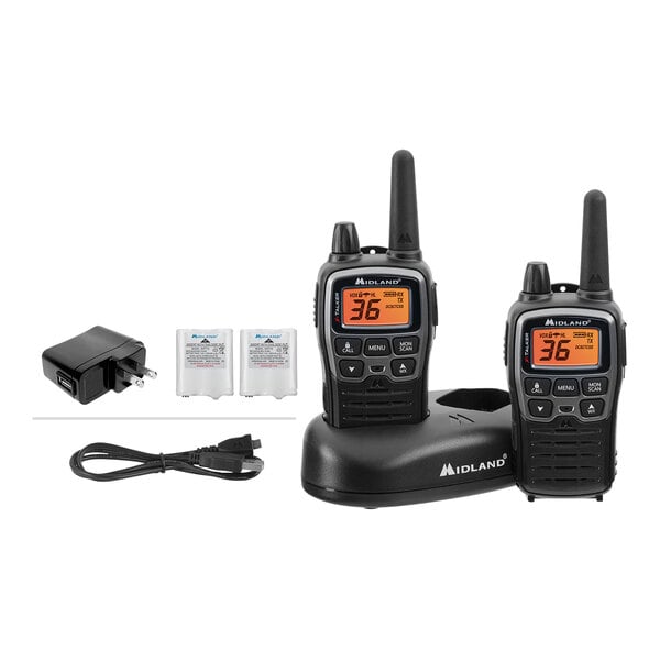 A black Midland X-TALKER walkie talkie with white text on the front and a charger.