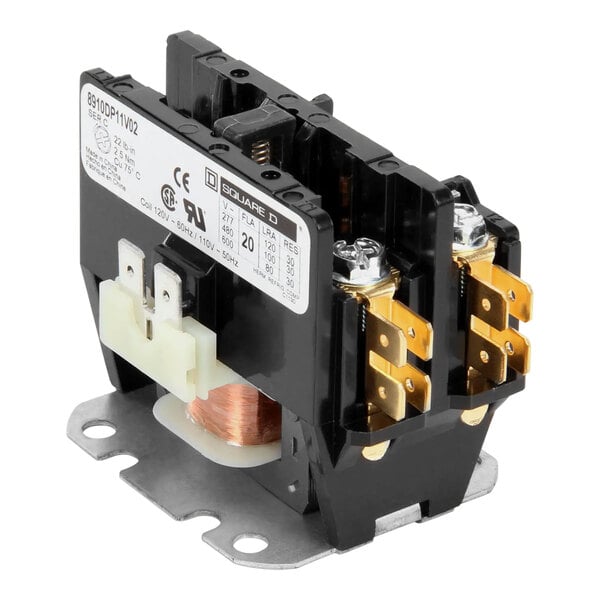 A black and gold CMA Dishmachines motor contactor with two wires and two contacts.