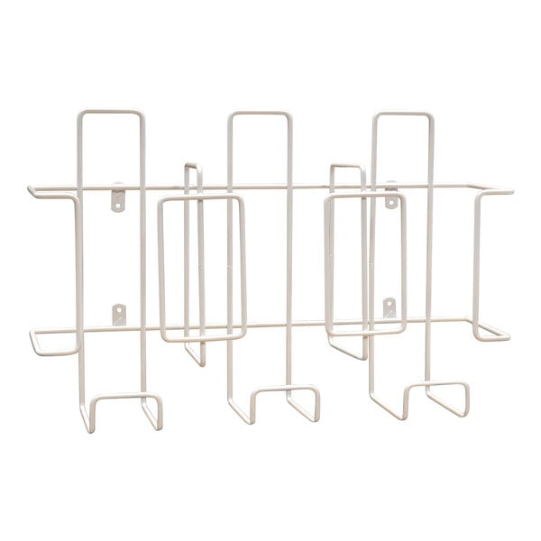 A white metal rack holding three rectangular boxes.