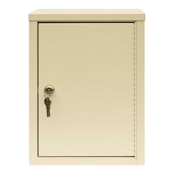 A beige steel wall-mount narcotics cabinet with key locks.