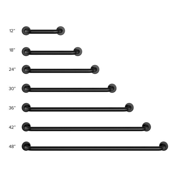 A black metal rectangular grab bar with white measurements.