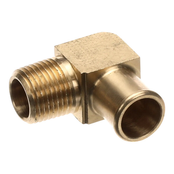 A close-up of a brass threaded elbow fitting.