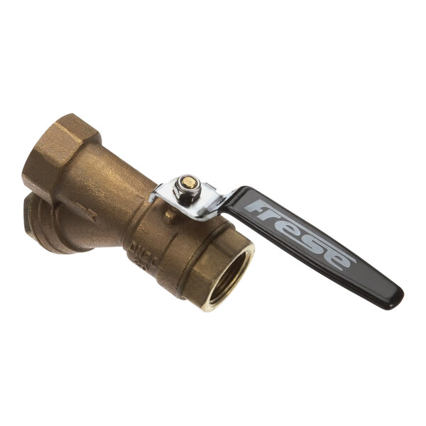 A brass 3/4 strainer ball valve for a CMA Dishmachine with a black handle.