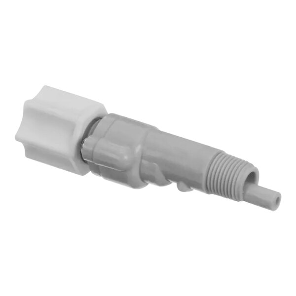 A white and grey plastic connector with a white plastic connector on one end.