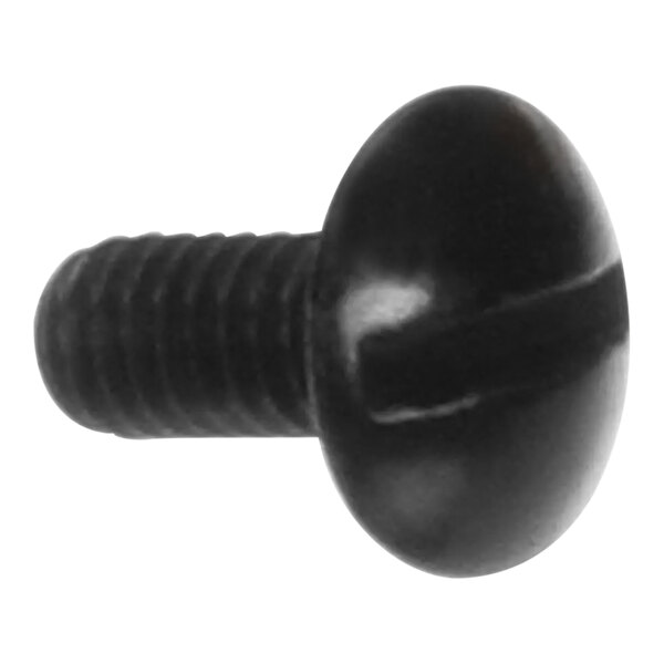 A close up of a black Bunn screw with a round head.
