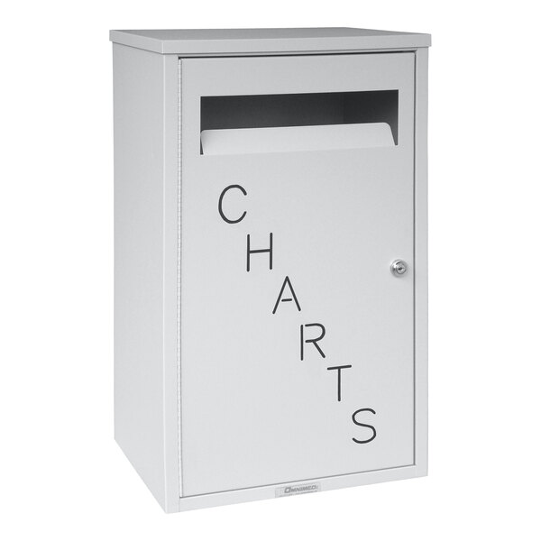 A light gray steel wall-mount medical records drop box with the word "charts" in black text.