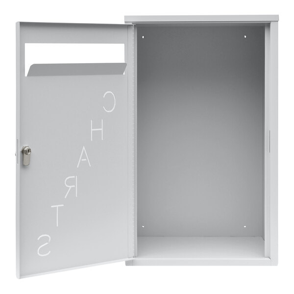 A light gray steel Omnimed wall-mount medical records drop box with a door open.