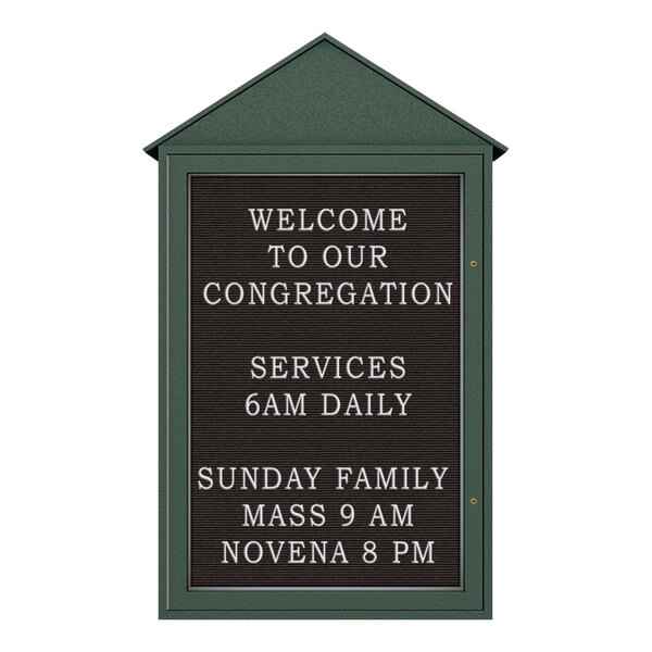 A United Visual Products enclosed bulletin board with black felt lettering and a green frame with a sign that says "Welcome to our Congregation" in white text.