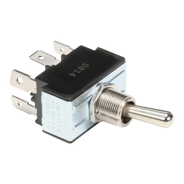 A close up of a CMA Dishmachines drain toggle switch with a metal handle.