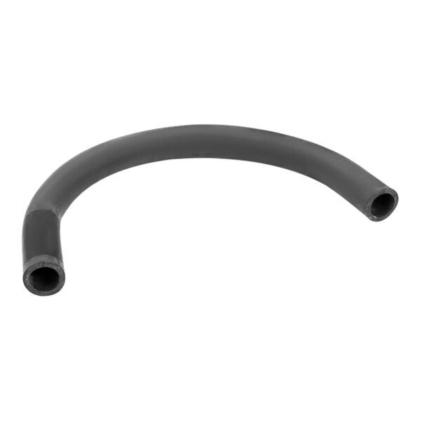 A black reinforced curved hose with a small hole in it.