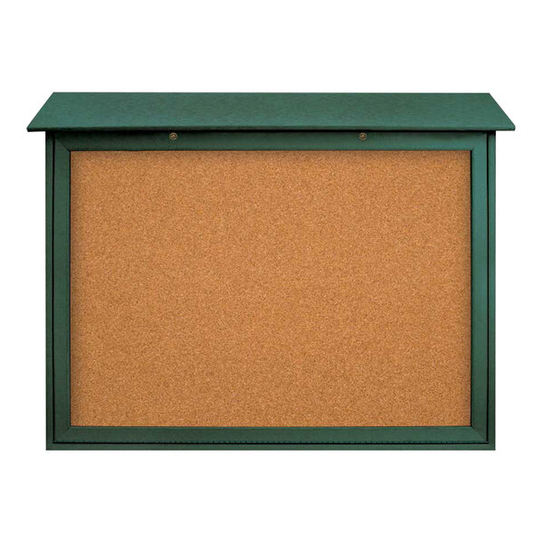 A cork board with a green frame.