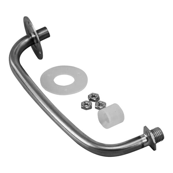A stainless steel sprayhead tube with screws and nuts.