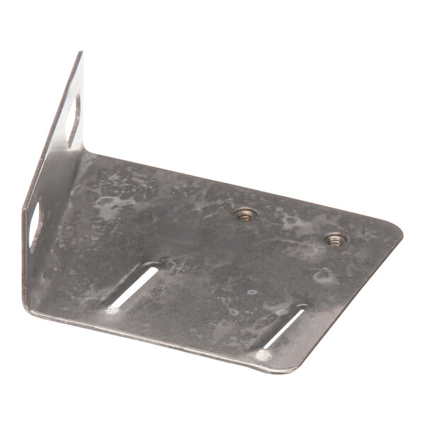 A metal bracket with two holes on a corner.