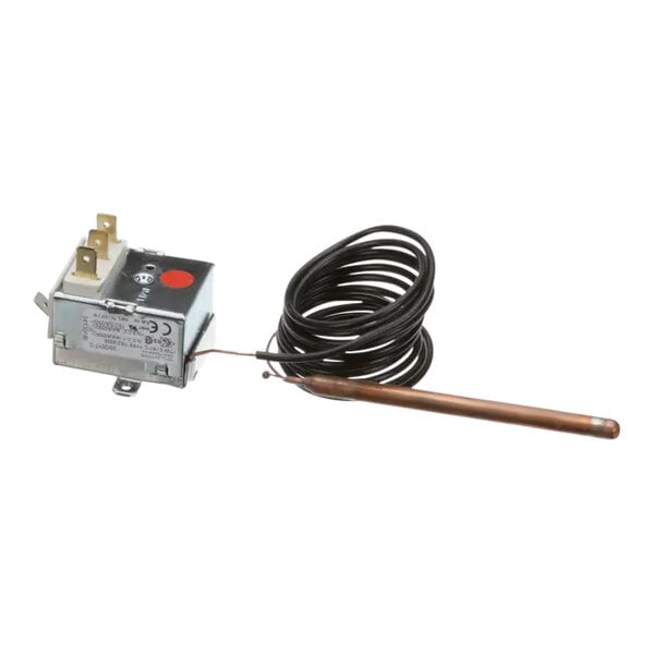 A CMA Dishmachines booster heater thermostat in a small metal box with a wire and copper pipe.