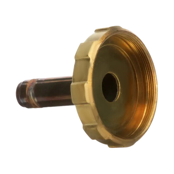 A brass threaded bonnet with a black circle on it.