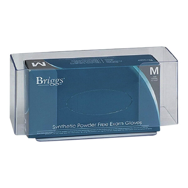 A clear plastic wall mount with a blue oval on it containing a blue box of Omnimed disposable gloves.