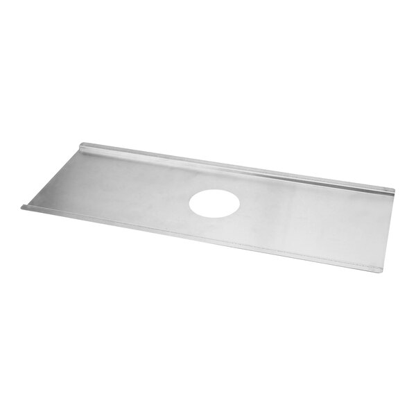 A stainless steel rectangular lid with a hole in the middle.