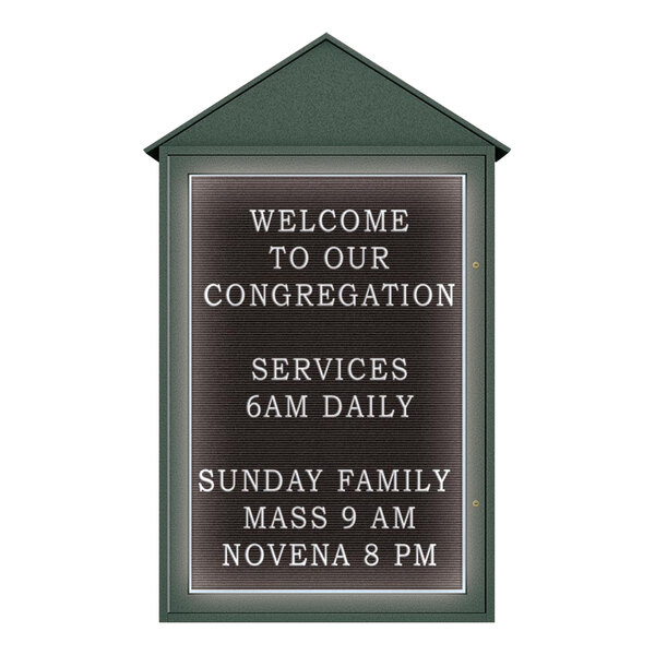 A United Visual Products outdoor message center with a Woodland Green frame and white text on a black felt background that says "Welcome to our Congregation Services"
